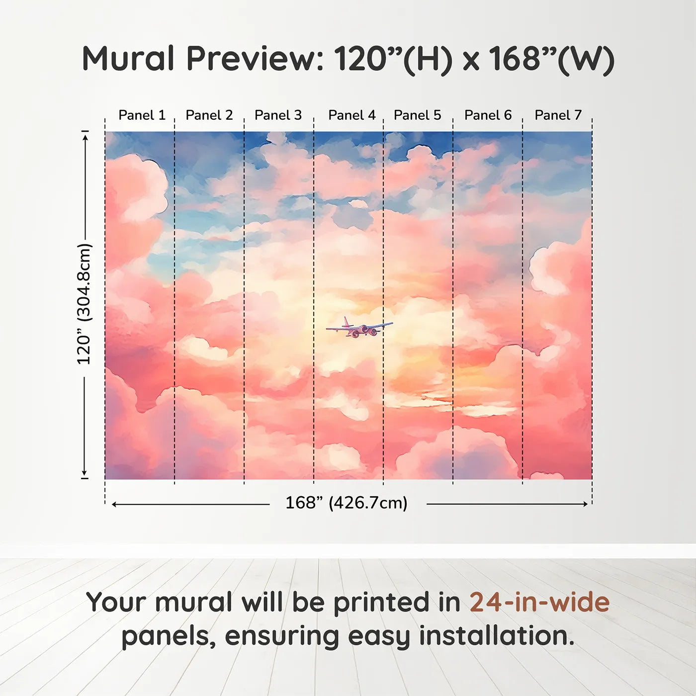 Whimsy Tots Anime Sunset Flight Wall Muraldimension view (120" H x 168" W). Printed in seven 24-inch-wide panels. Gender-Neutral