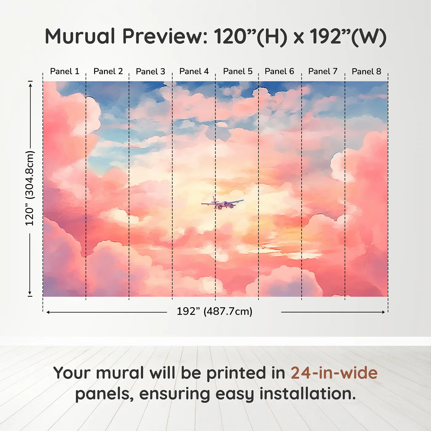 Whimsy Tots Anime Sunset Flight Wall Muraldimension view (120" H x 192" W). Printed in eight 24-inch-wide panels. Gender-Neutral