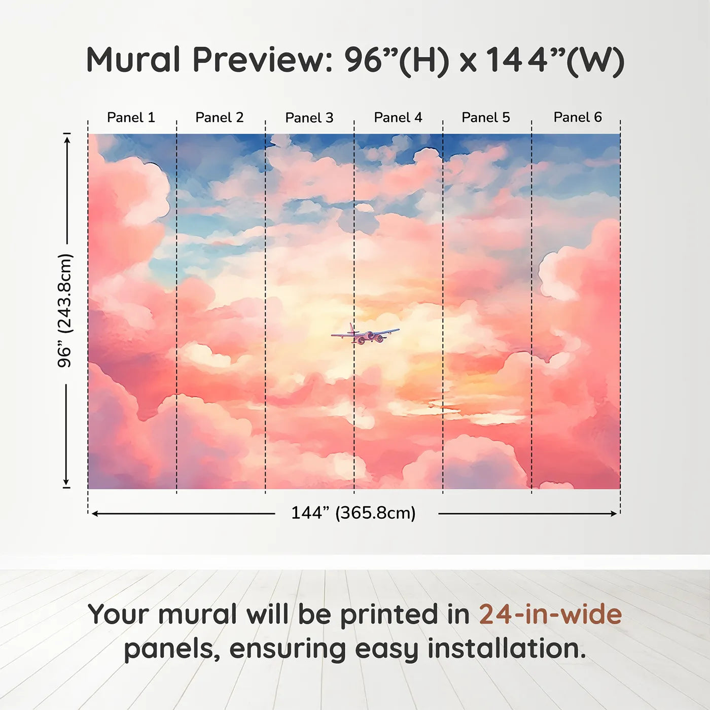 Whimsy Tots Anime Sunset Flight Wall Muraldimension view (96" H x 144" W). Printed in six 24-inch-wide panels. Gender-Neutral