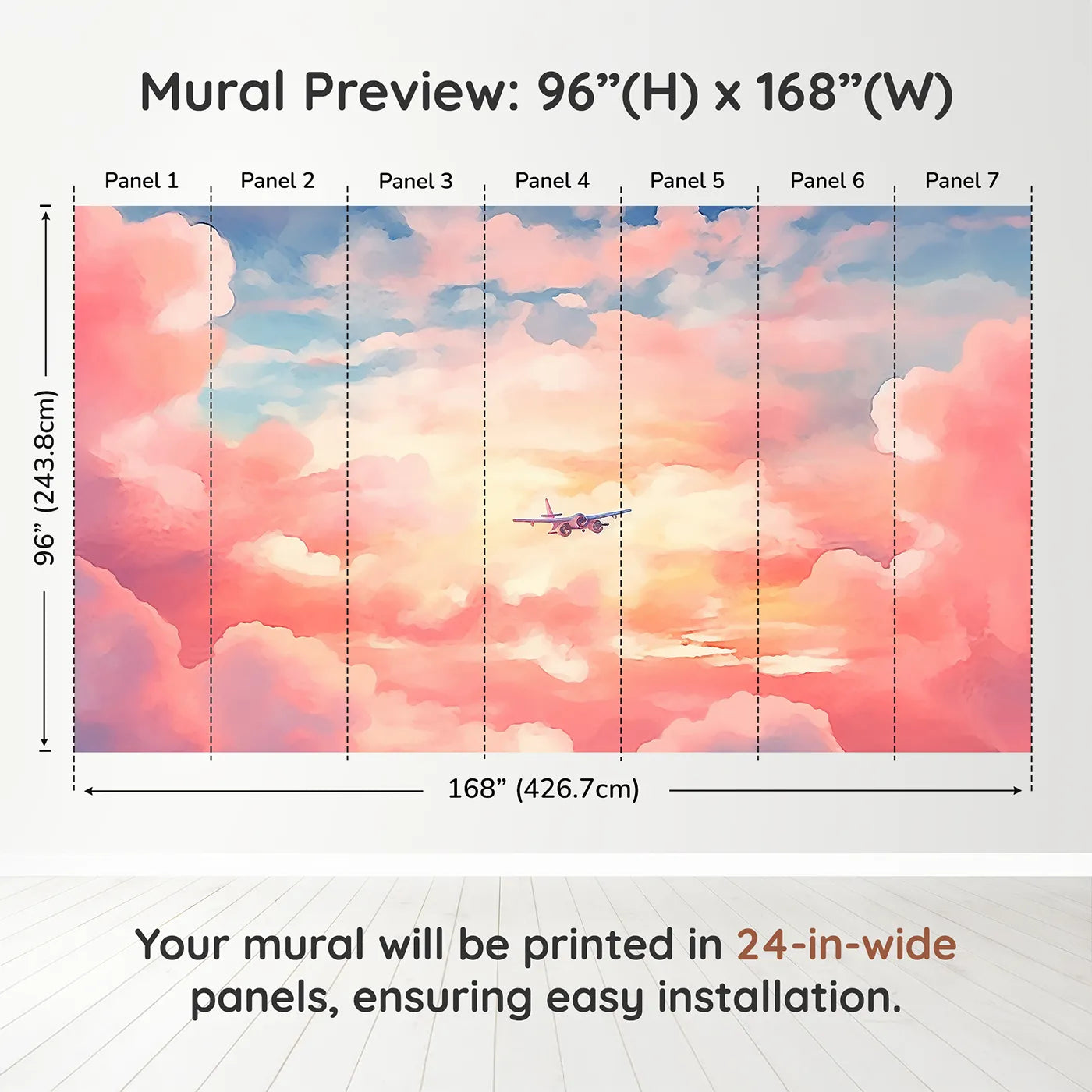 Whimsy Tots Anime Sunset Flight Wall Muraldimension view (96" H x 168" W). Printed in seven 24-inch-wide panels. Gender-Neutral