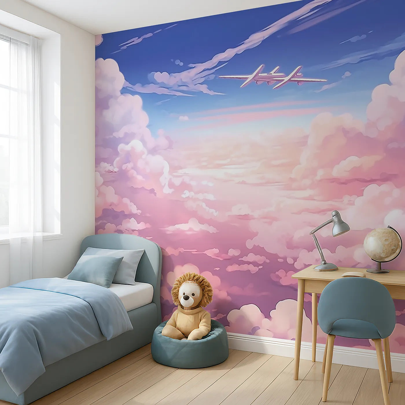Angled view of Whimsy Tots' Anime Sky High Wall Mural (Turn Their Room into a Dreamy, High-Flying Adventure).Gender-Neutral