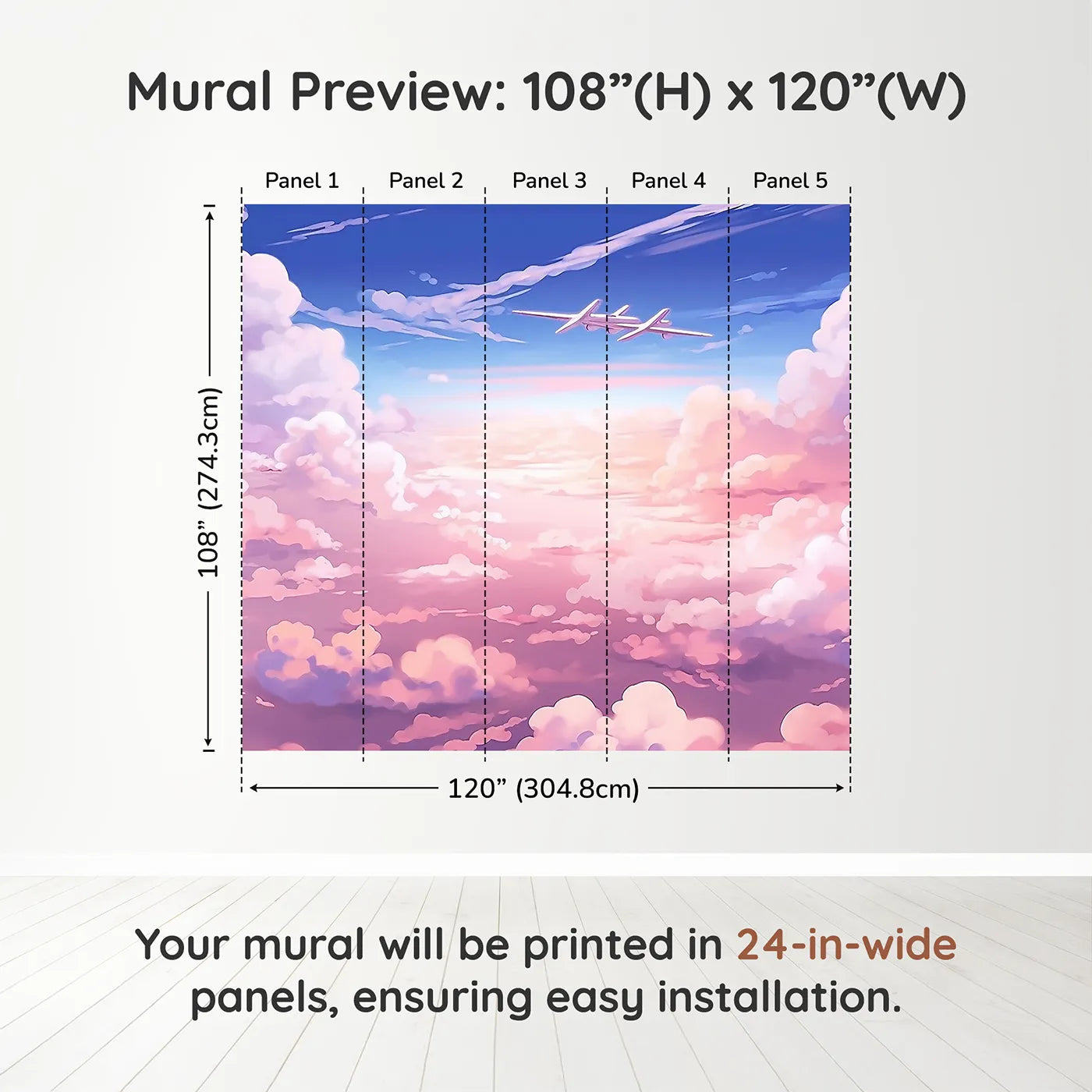 Whimsy Tots Anime Sky High Wall Muraldimension view (108" H x 120" W). Printed in five 24-inch-wide panels. Gender-Neutral
