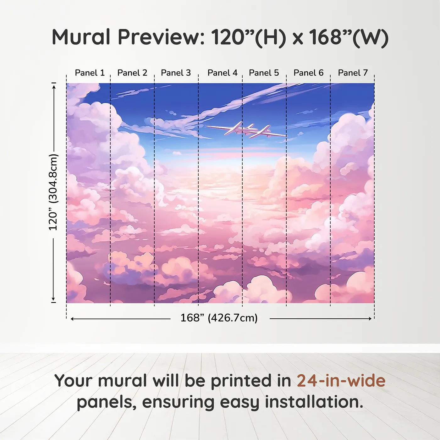 Whimsy Tots Anime Sky High Wall Muraldimension view (120" H x 168" W). Printed in seven 24-inch-wide panels. Gender-Neutral