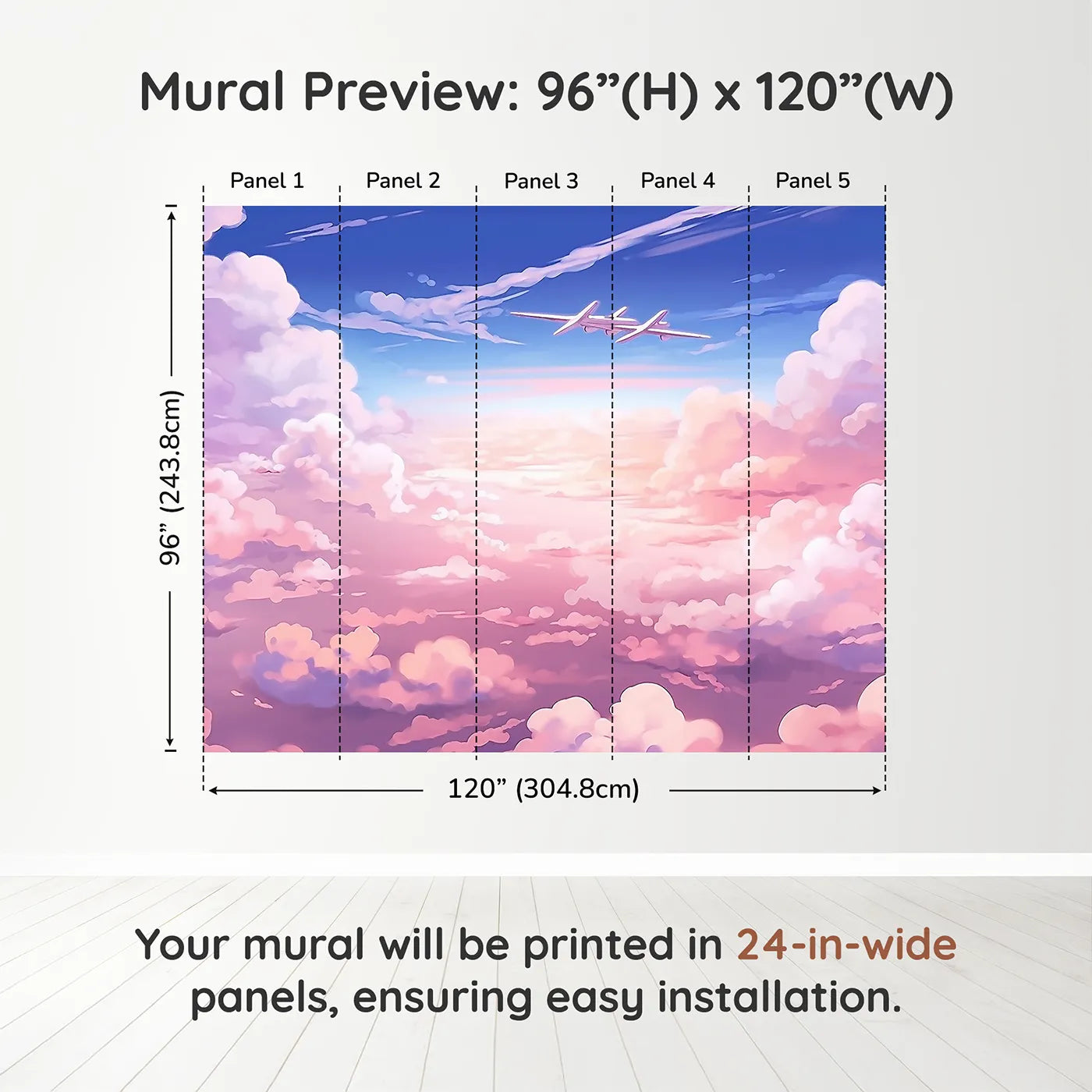 Whimsy Tots Anime Sky High Wall Muraldimension view (96" H x 120" W). Printed in five 24-inch-wide panels. Gender-Neutral