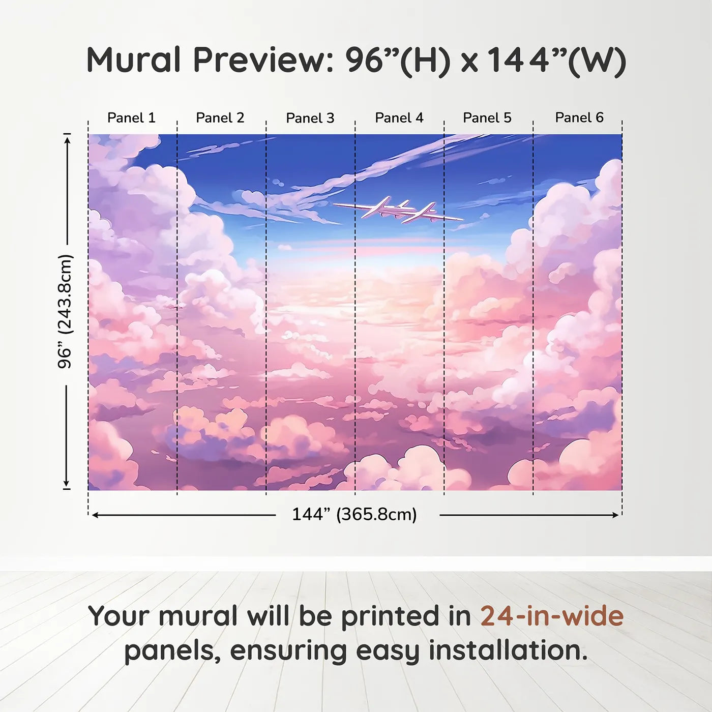 Whimsy Tots Anime Sky High Wall Muraldimension view (96" H x 144" W). Printed in six 24-inch-wide panels. Gender-Neutral
