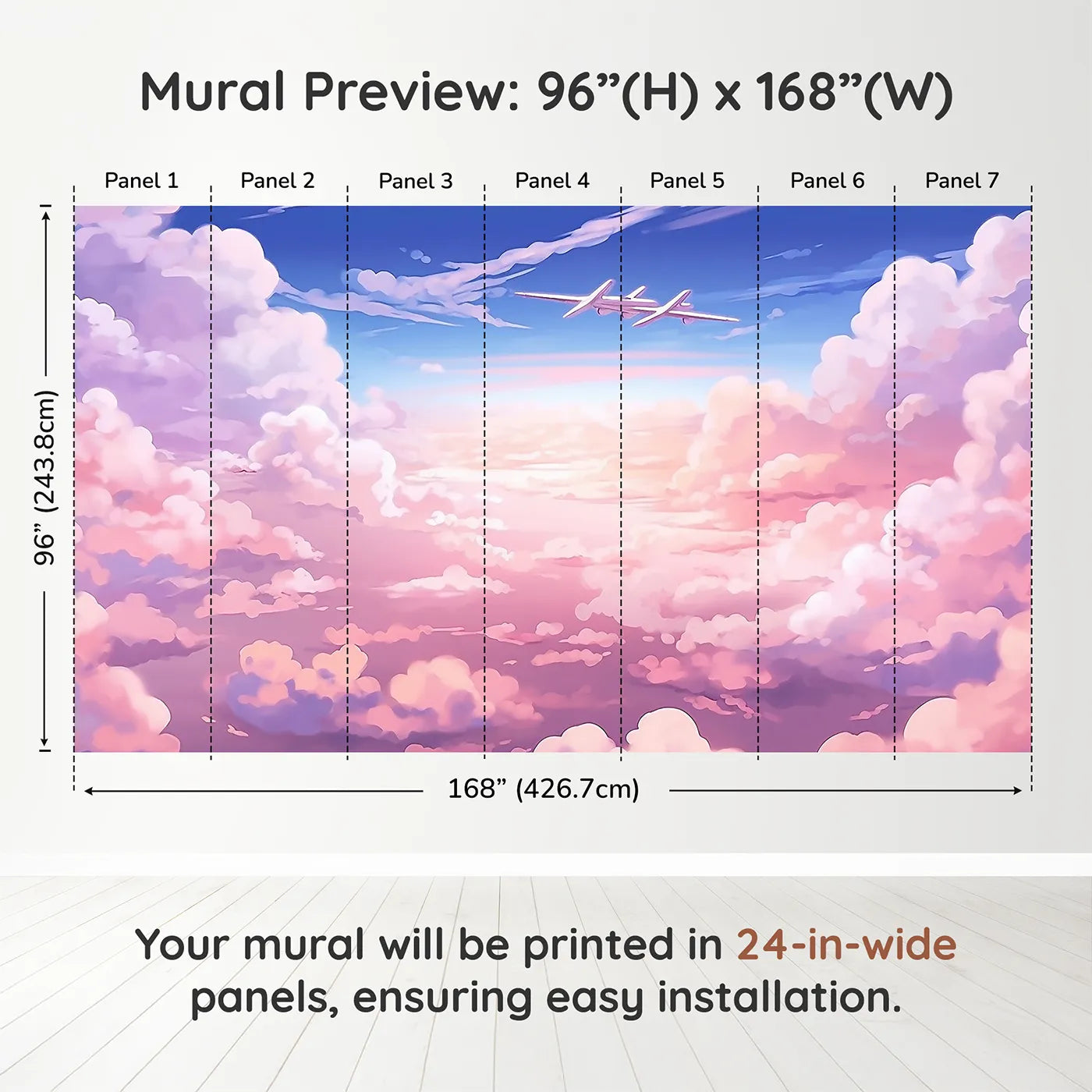 Whimsy Tots Anime Sky High Wall Muraldimension view (96" H x 168" W). Printed in seven 24-inch-wide panels. Gender-Neutral