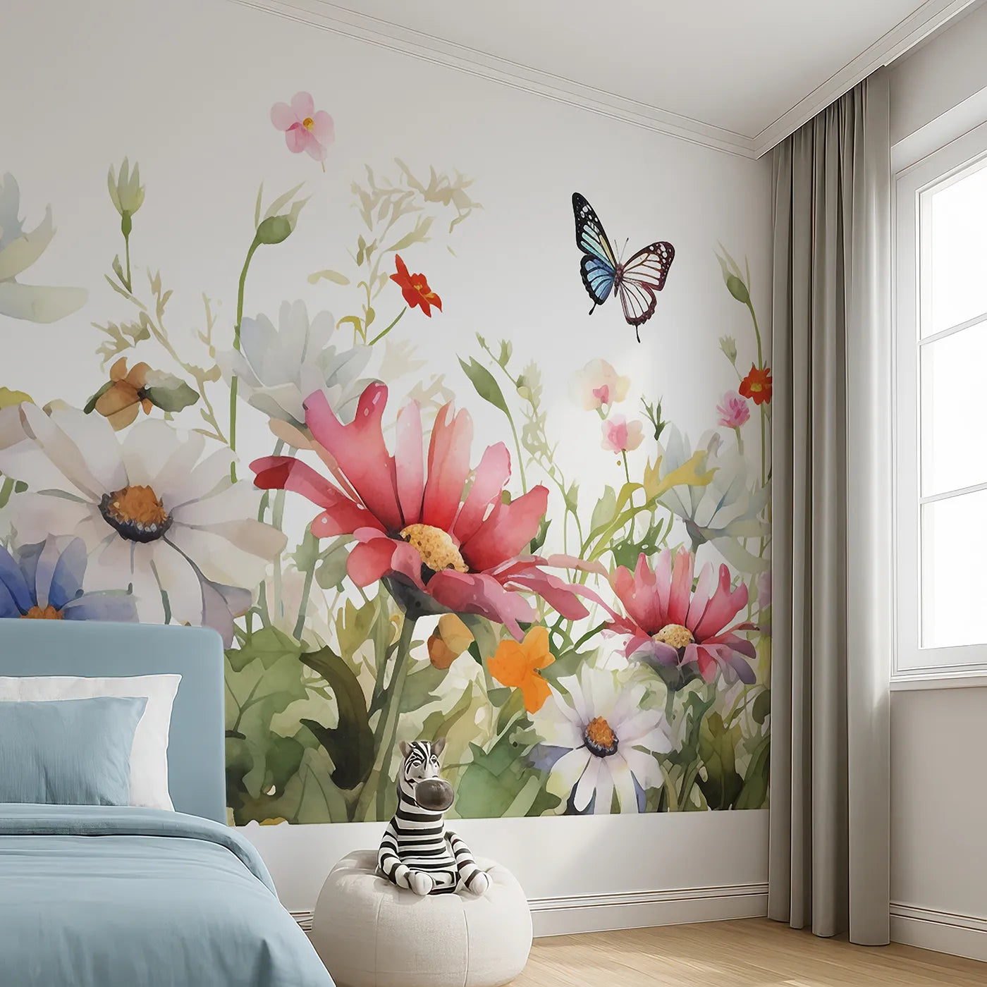 Angled view of Whimsy Tots' Watercolor Wildflower Border Wall Mural (Turn Their Room into a Meadow of Delicate, Painted Flowers).Gender-Neutral