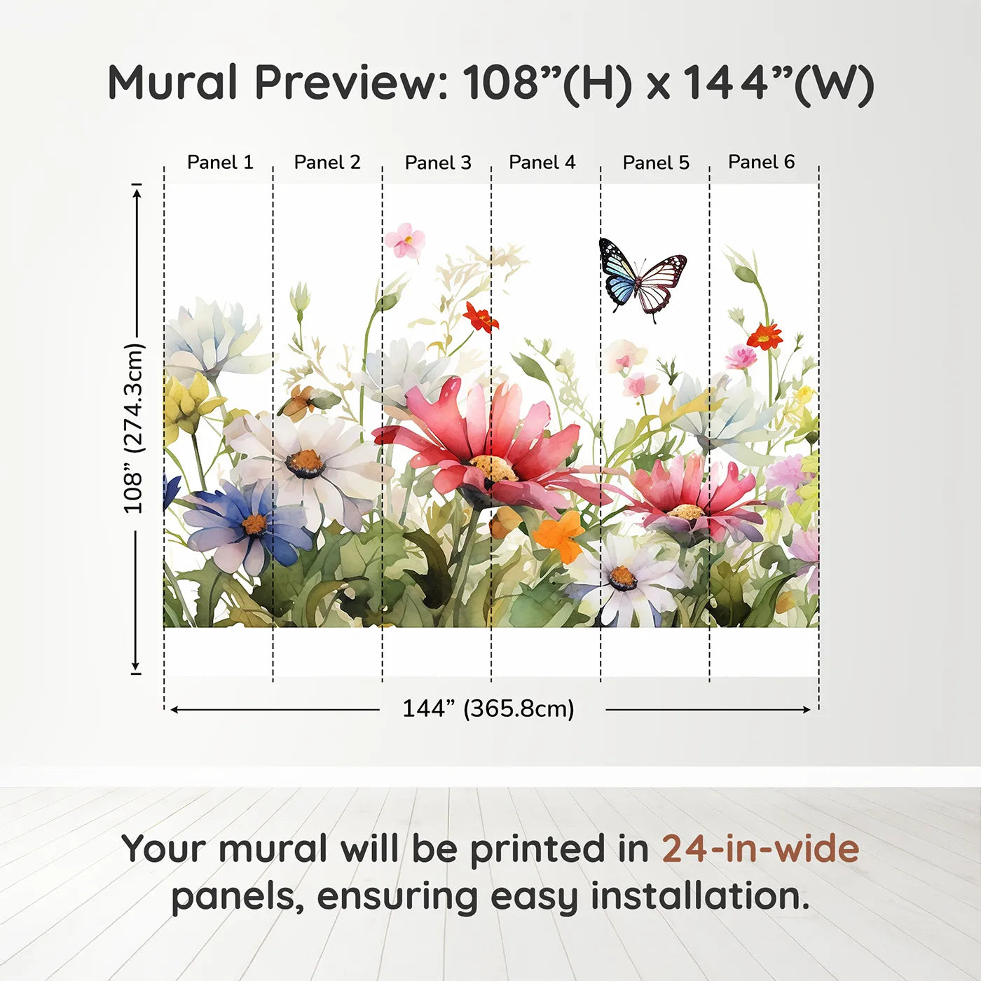 Whimsy Tots Watercolor Wildflower Border Wall Muraldimension view (108" H x 144" W). Printed in six 24-inch-wide panels. Gender-Neutral