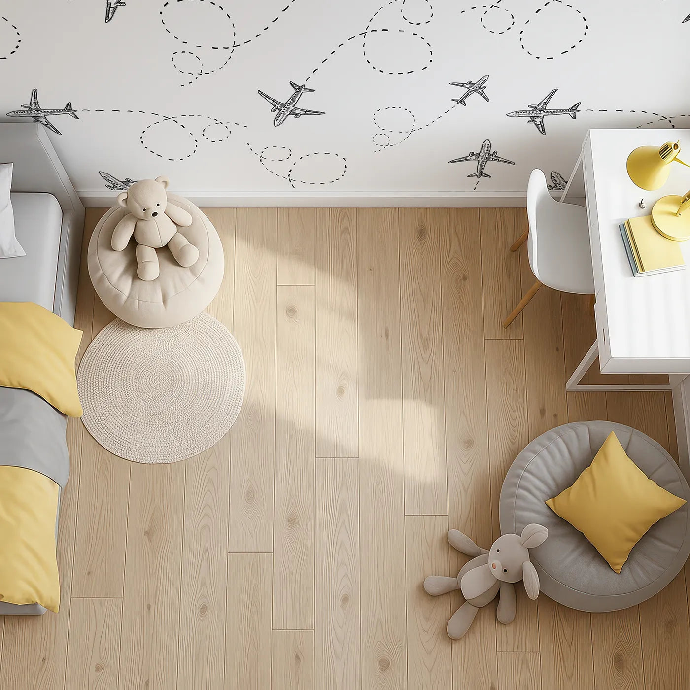 Top-down view of Whimsy Tots' Flying High Wall Mural (Turn Their Room into a Sky Full of Whimsical Adventure).Gender-Neutral