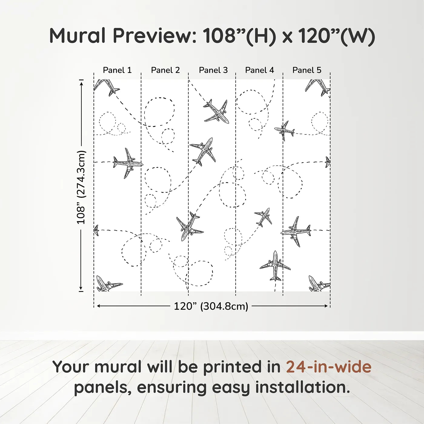 Whimsy Tots Flying High Wall Muraldimension view (108" H x 120" W). Printed in five 24-inch-wide panels. Gender-Neutral