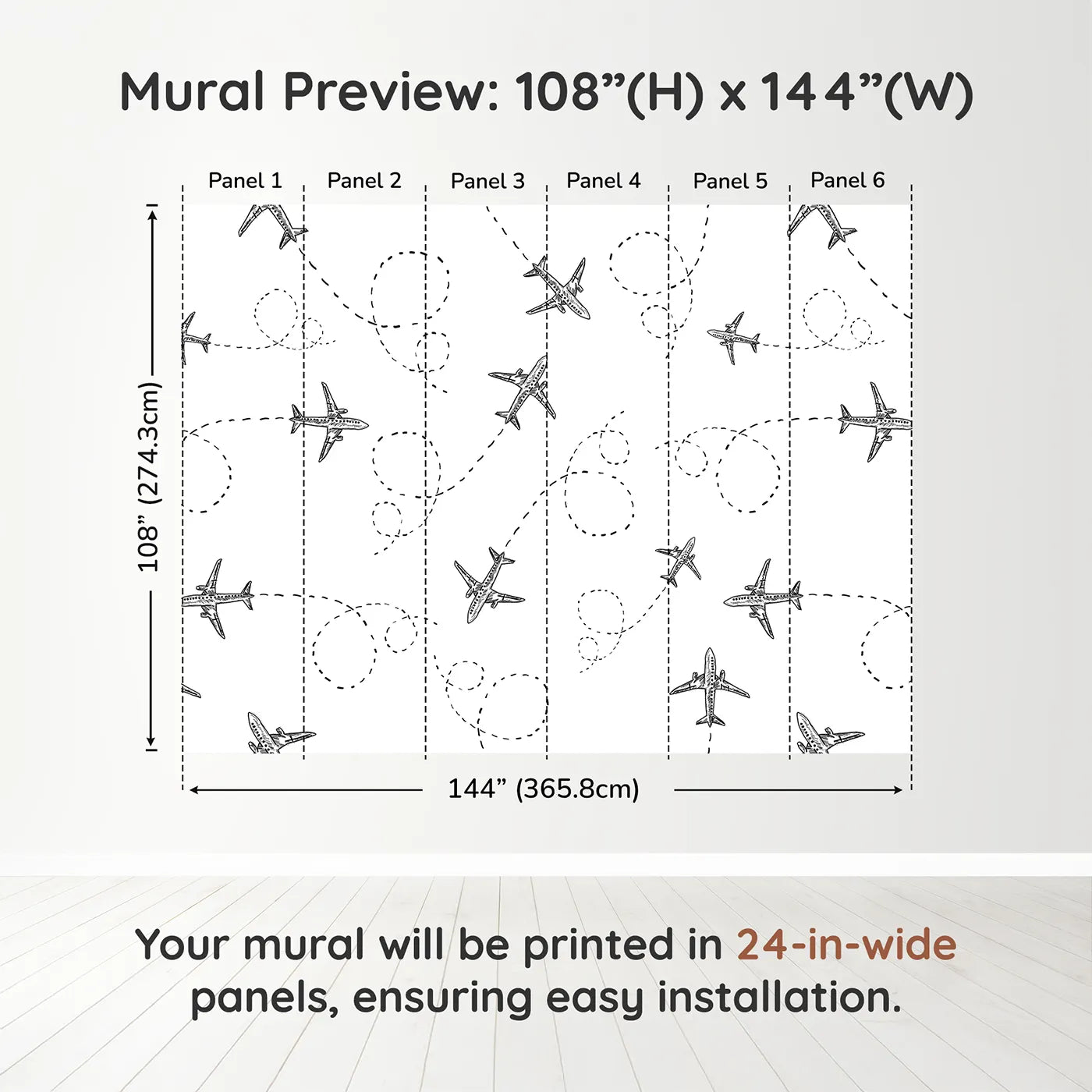Whimsy Tots Flying High Wall Muraldimension view (108" H x 144" W). Printed in six 24-inch-wide panels. Gender-Neutral