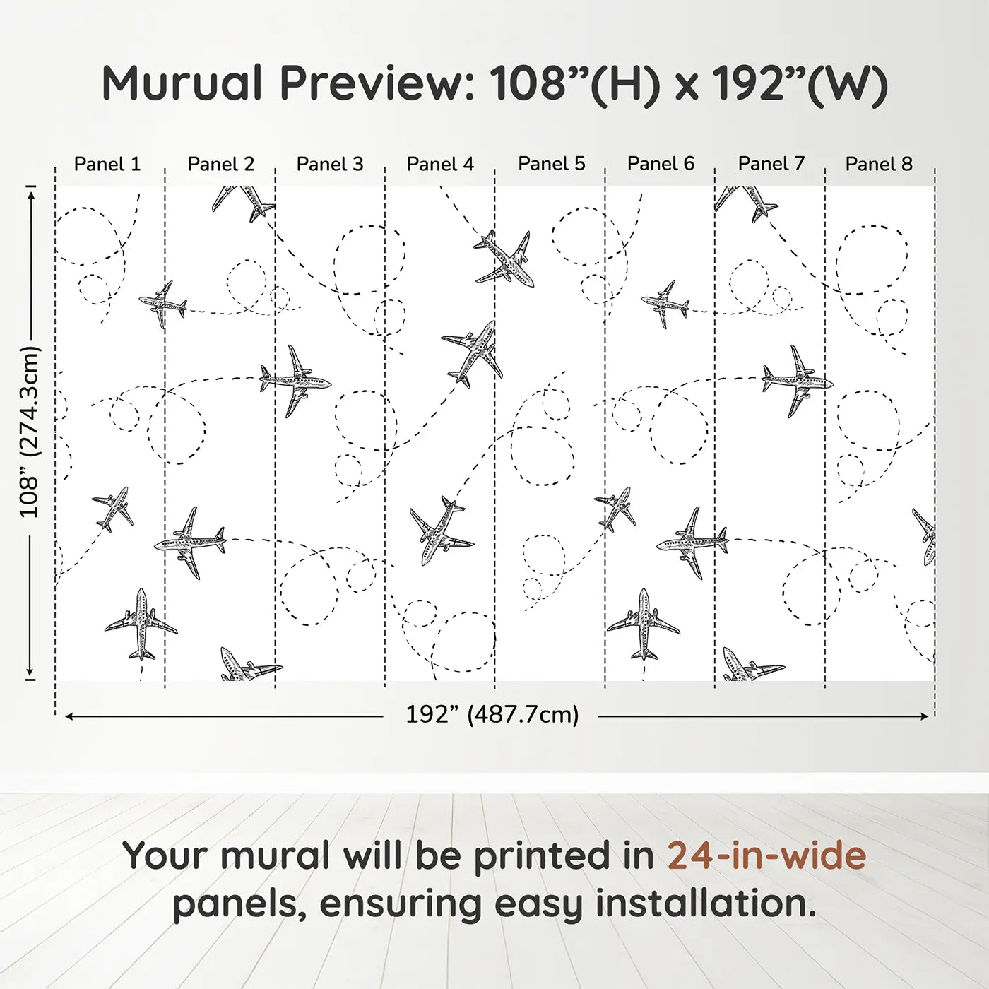 Whimsy Tots Flying High Wall Muraldimension view (108" H x 192" W). Printed in eight 24-inch-wide panels. Gender-Neutral