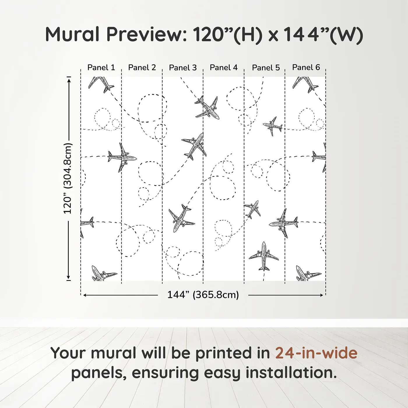 Whimsy Tots Flying High Wall Muraldimension view (120" H x 144" W). Printed in six 24-inch-wide panels. Gender-Neutral