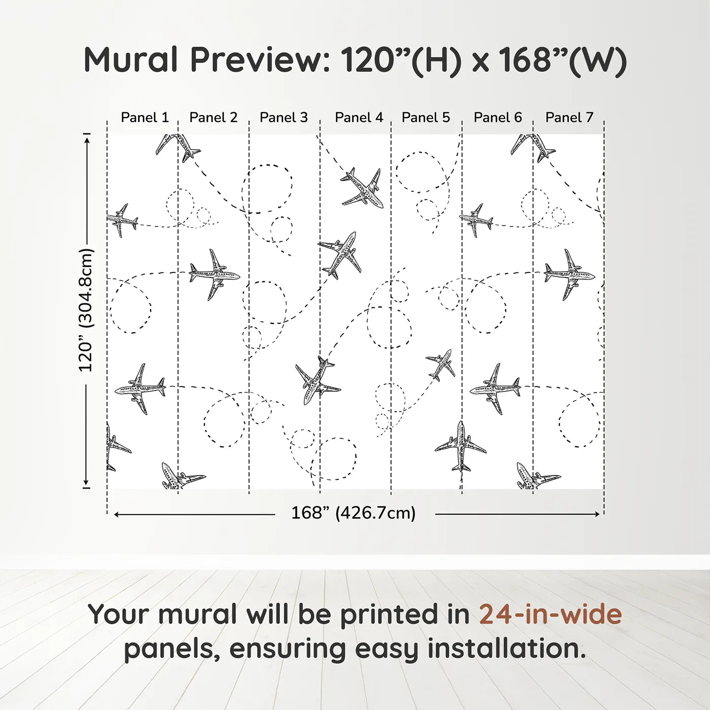 Whimsy Tots Flying High Wall Muraldimension view (120" H x 168" W). Printed in seven 24-inch-wide panels. Gender-Neutral