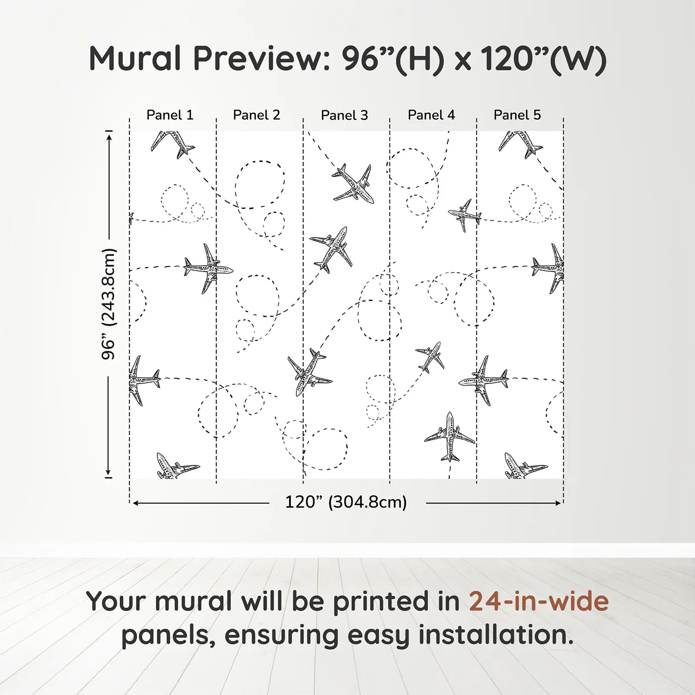 Whimsy Tots Flying High Wall Muraldimension view (96" H x 120" W). Printed in five 24-inch-wide panels. Gender-Neutral