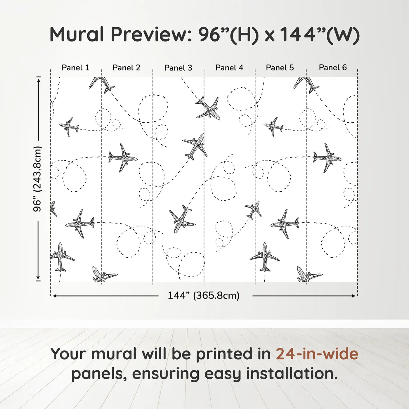 Whimsy Tots Flying High Wall Muraldimension view (96" H x 144" W). Printed in six 24-inch-wide panels. Gender-Neutral