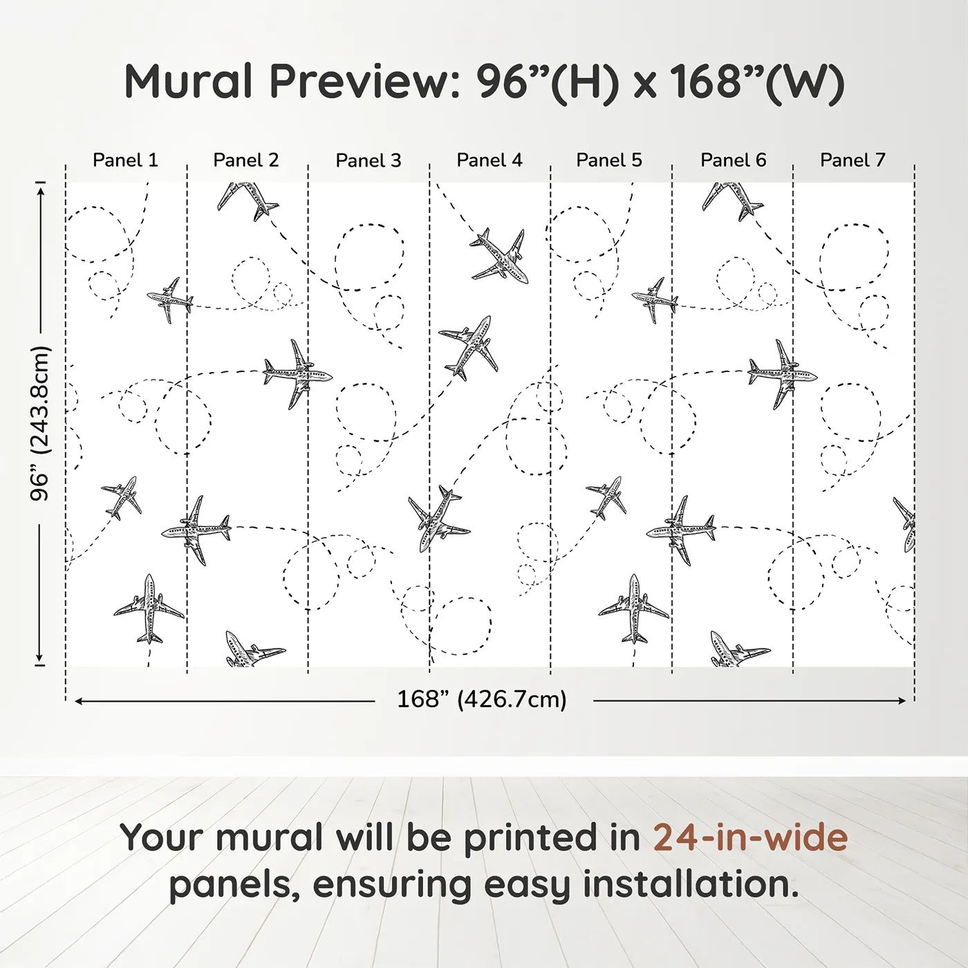 Whimsy Tots Flying High Wall Muraldimension view (96" H x 168" W). Printed in seven 24-inch-wide panels. Gender-Neutral