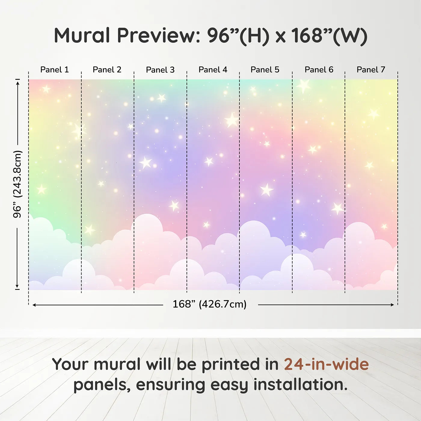 Whimsy Tots Pastel Rainbow Starry Sky Wall Muraldimension view (96" H x 168" W). Printed in seven 24-inch-wide panels. Gender-Neutral
