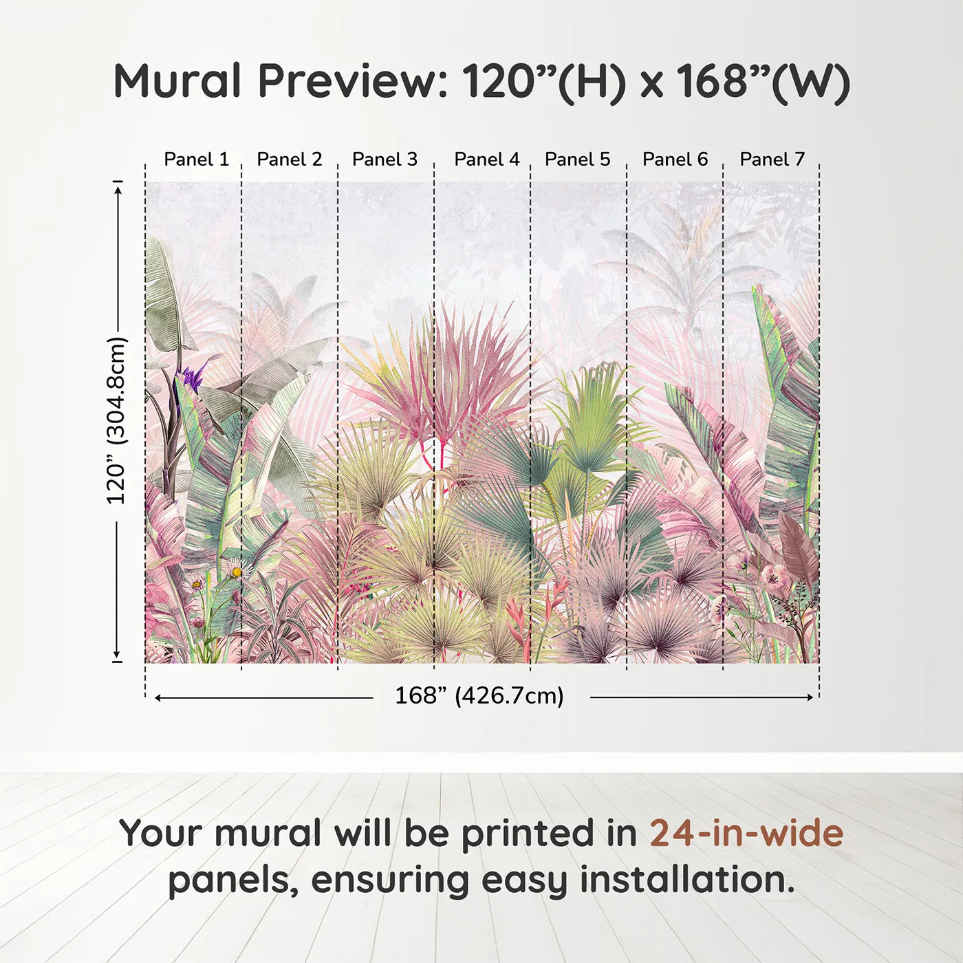 Whimsy Tots Pastel Tropical Jungle Wall Muraldimension view (120" H x 168" W). Printed in seven 24-inch-wide panels. Gender-Neutral