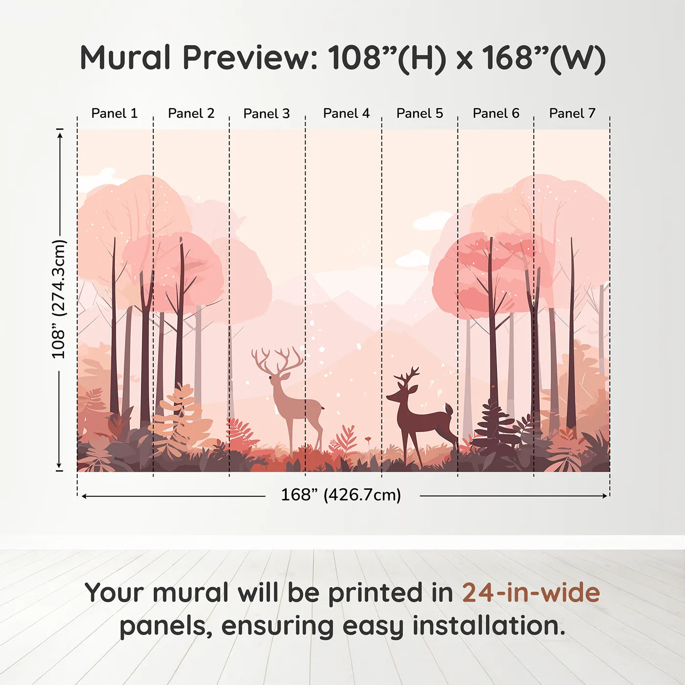 Whimsy Tots Pink Autumn Forest Wall Muraldimension view (108" H x 168" W). Printed in seven 24-inch-wide panels. Gender-Neutral