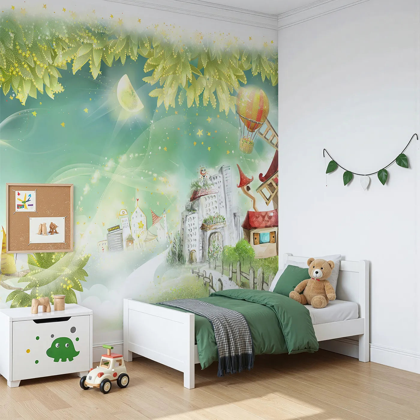 Angled view of Whimsy Tots' Magical Treehouse Village Wall Mural (Turn Their Room into a Sparkling, Enchanted World).Gender-Neutral