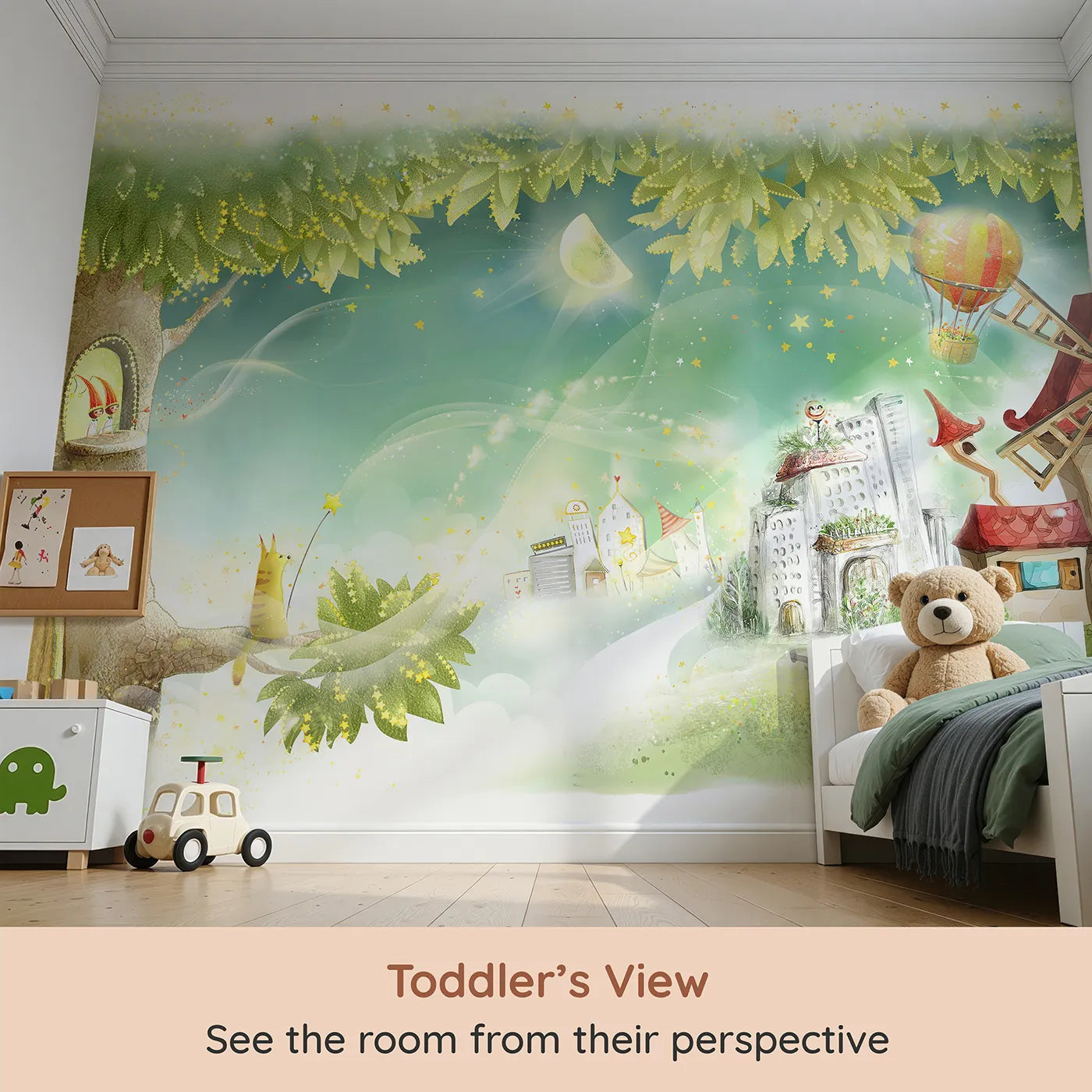 Whimsy Tots Magical Treehouse Village Wall Mural (Turn Their Room into a Sparkling, Enchanted World) from your child's view.Gender-Neutral