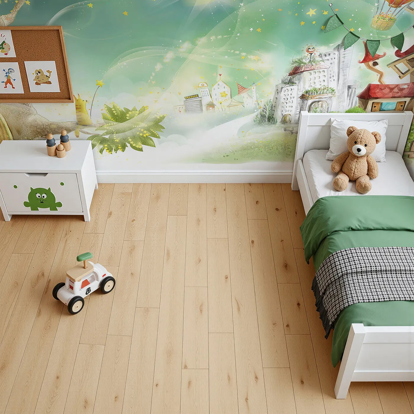 Top-down view of Whimsy Tots' Magical Treehouse Village Wall Mural (Turn Their Room into a Sparkling, Enchanted World).Gender-Neutral