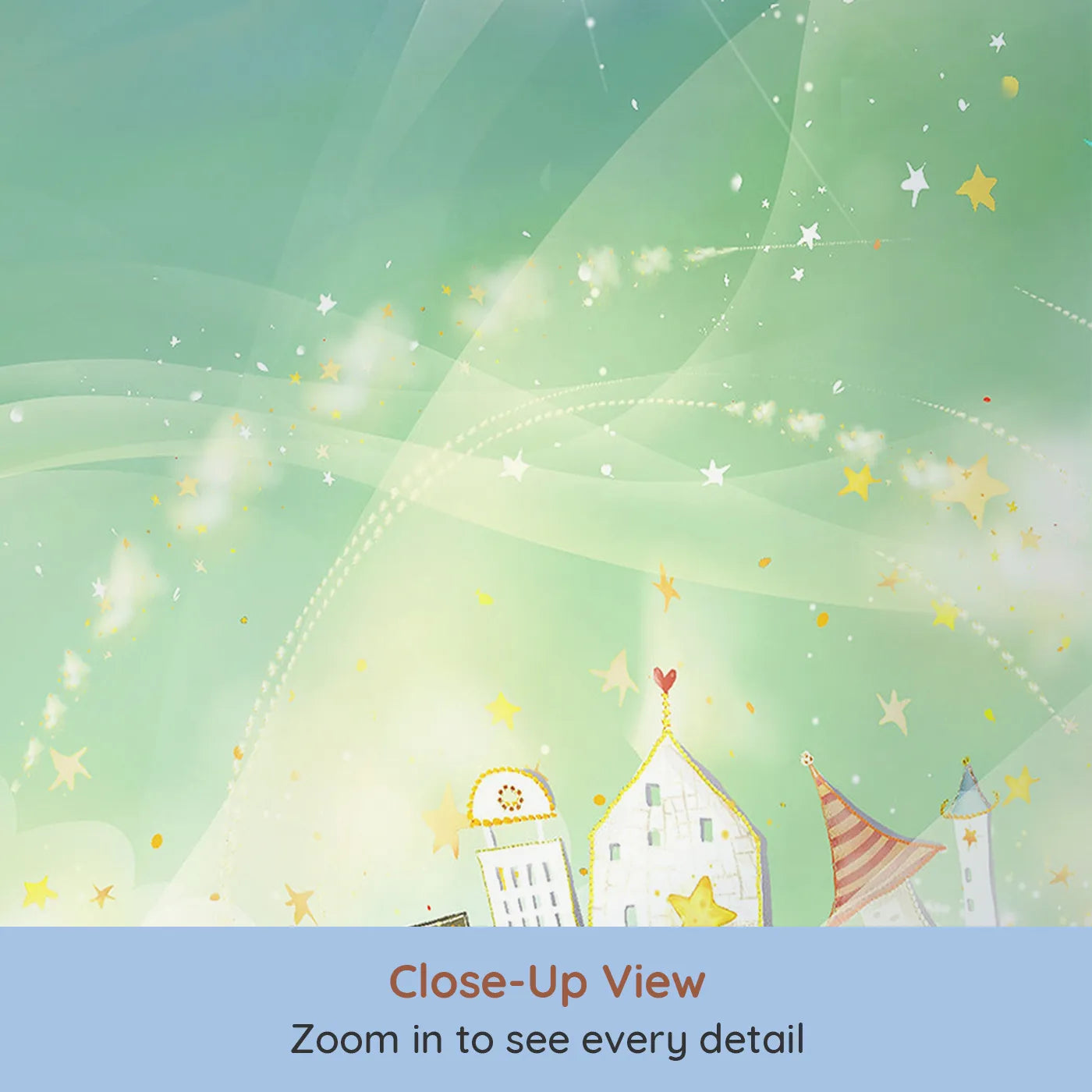 Close-up view of Whimsy Tots' Magical Treehouse Village Wall Mural (Turn Their Room into a Sparkling, Enchanted World).Gender-Neutral