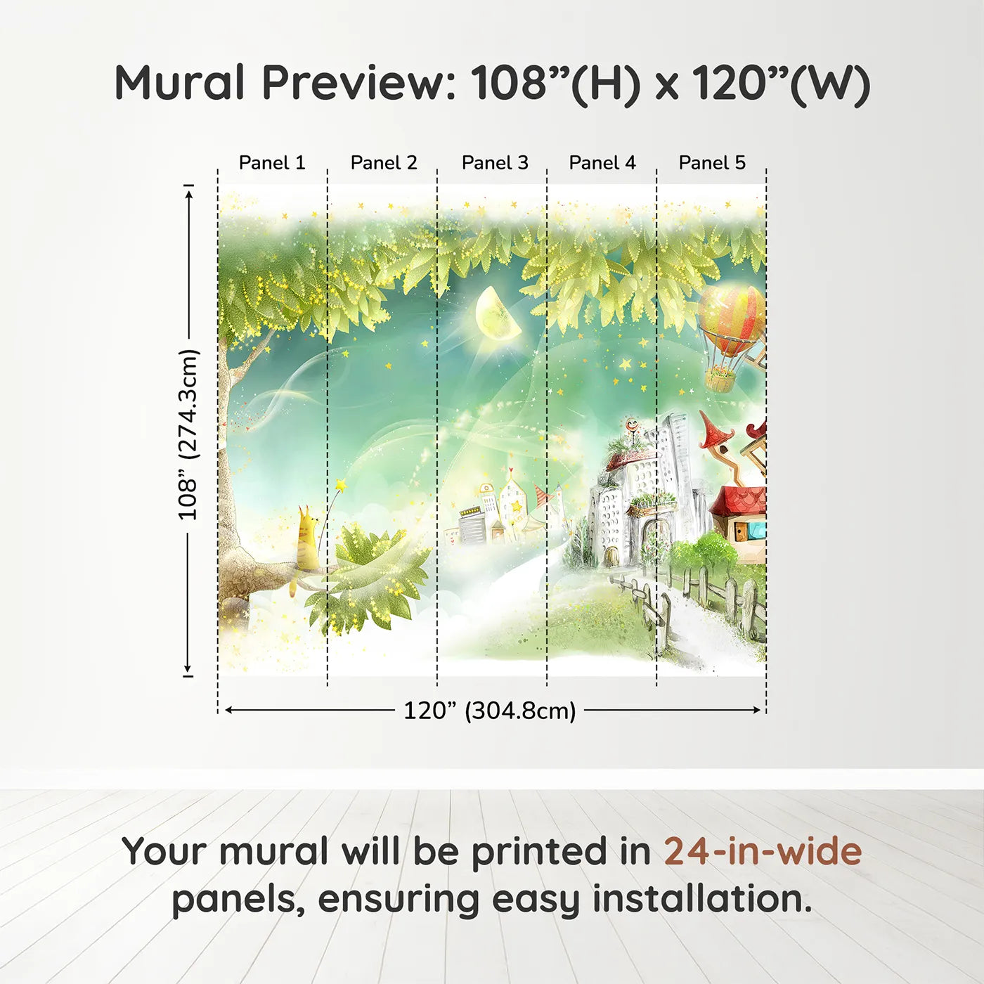 Whimsy Tots Magical Treehouse Village Wall Muraldimension view (108" H x 120" W). Printed in five 24-inch-wide panels. Gender-Neutral