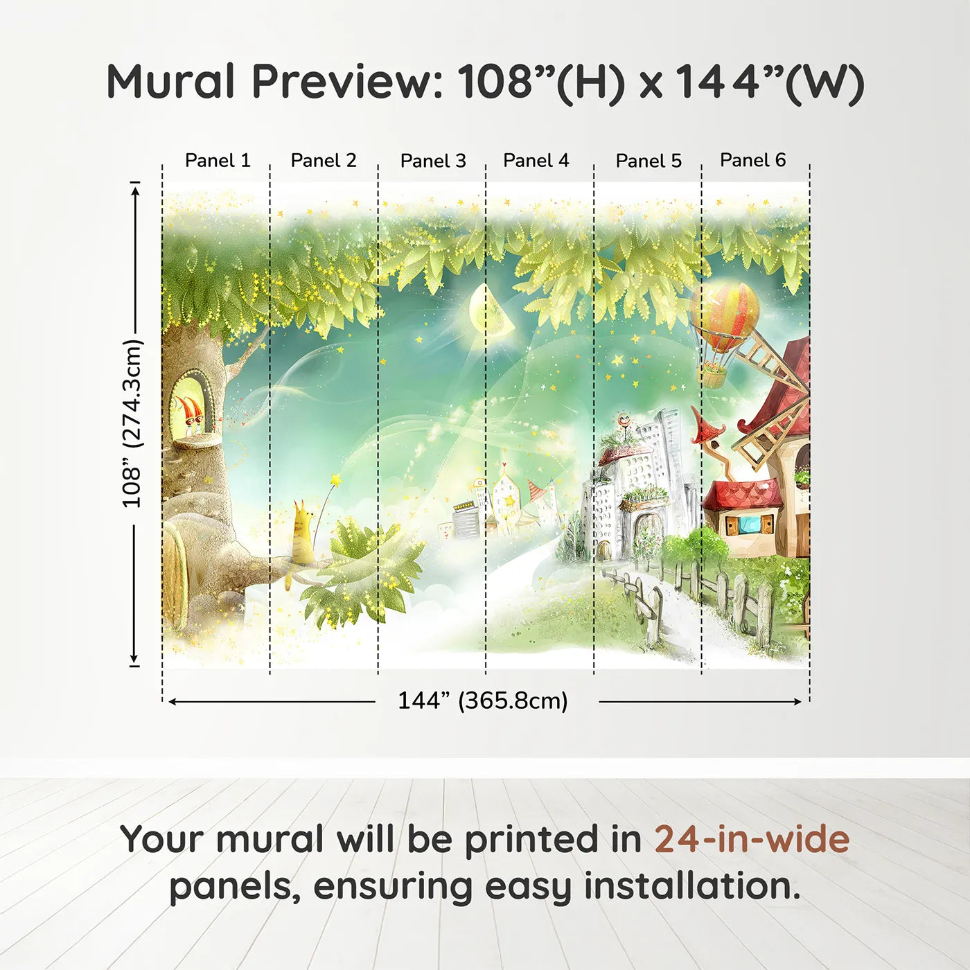 Whimsy Tots Magical Treehouse Village Wall Muraldimension view (108" H x 144" W). Printed in six 24-inch-wide panels. Gender-Neutral