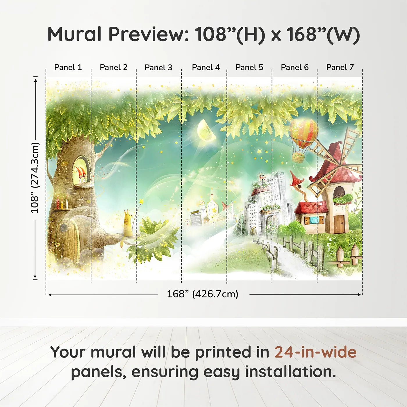 Whimsy Tots Magical Treehouse Village Wall Muraldimension view (108" H x 168" W). Printed in seven 24-inch-wide panels. Gender-Neutral