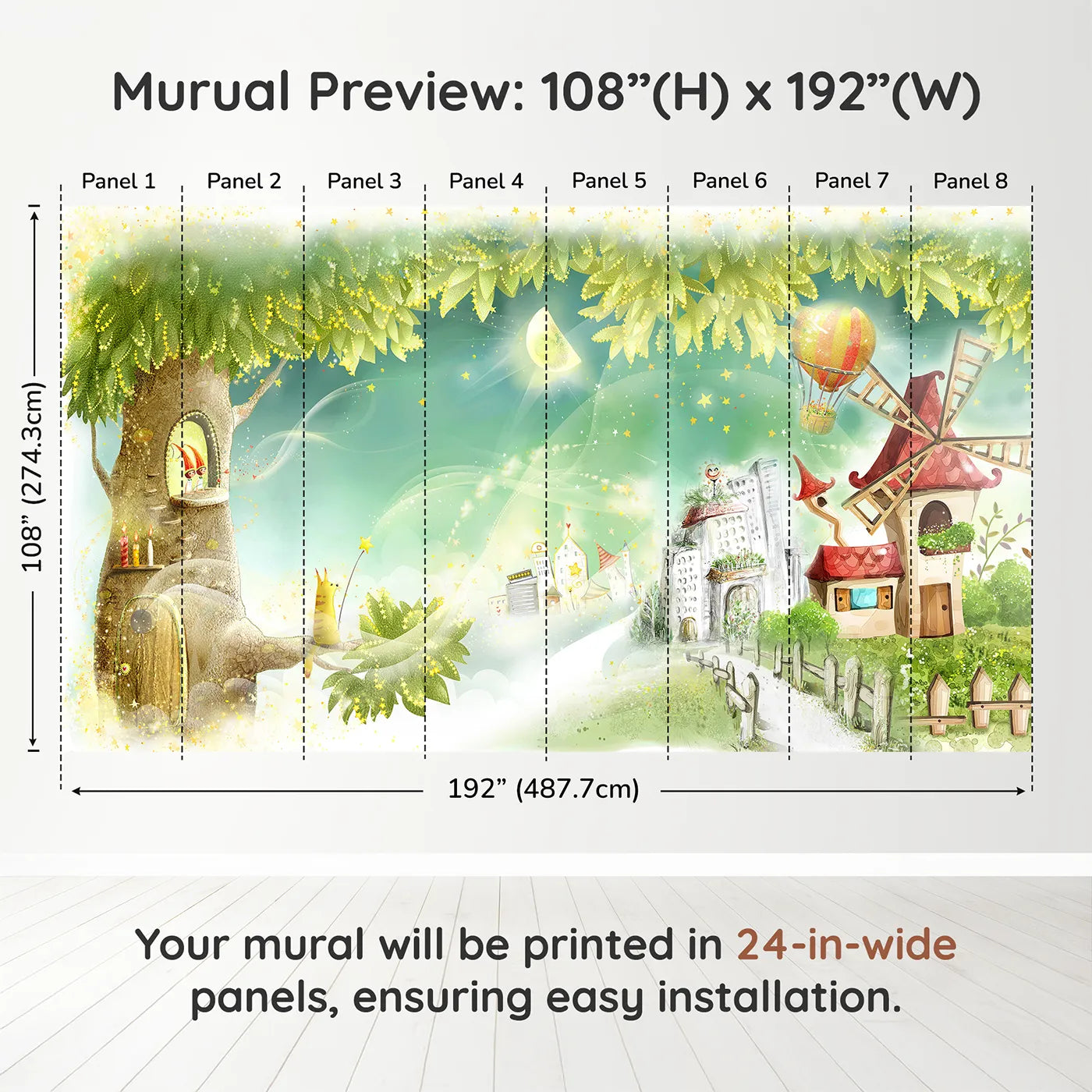 Whimsy Tots Magical Treehouse Village Wall Muraldimension view (108" H x 192" W). Printed in eight 24-inch-wide panels. Gender-Neutral