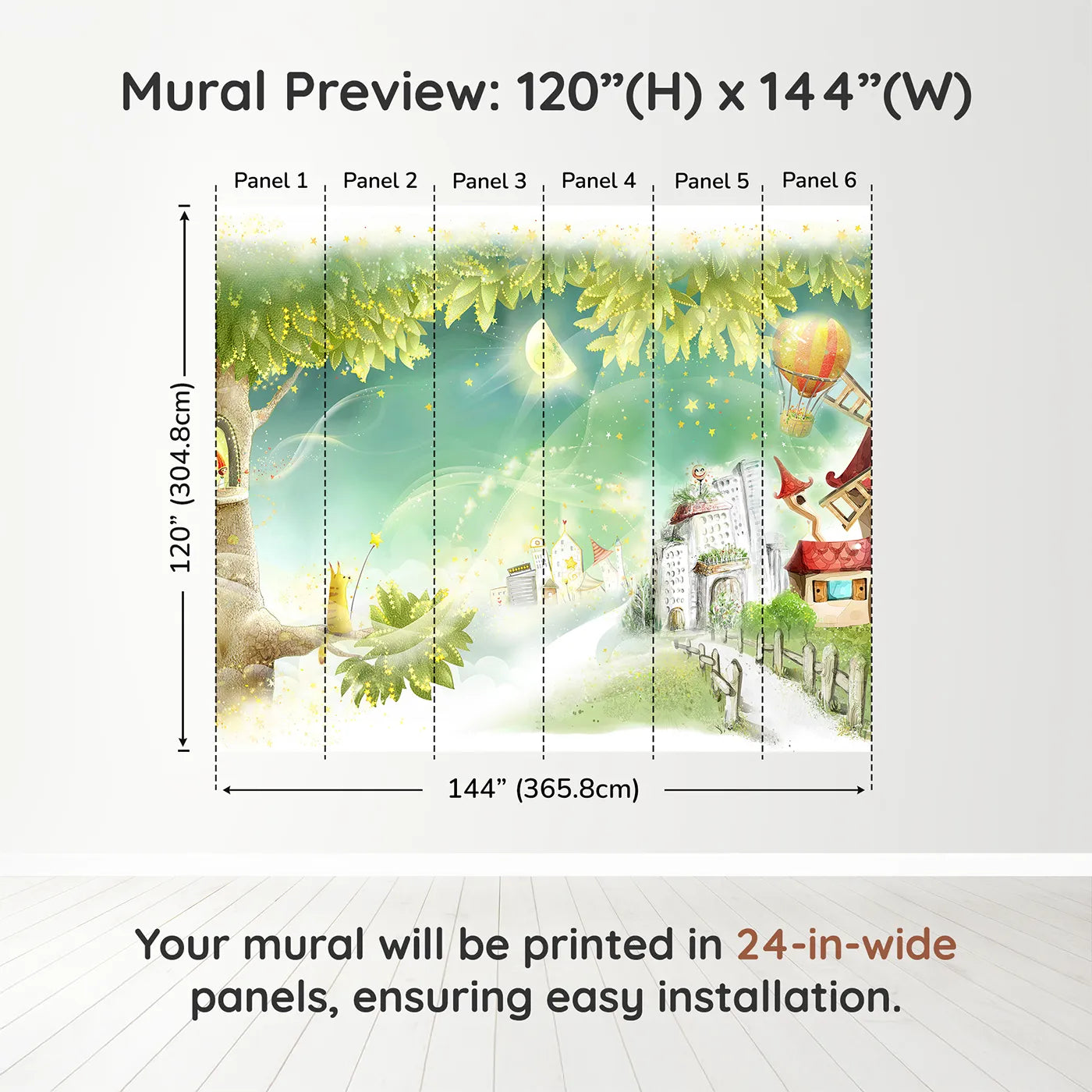 Whimsy Tots Magical Treehouse Village Wall Muraldimension view (120" H x 144" W). Printed in six 24-inch-wide panels. Gender-Neutral