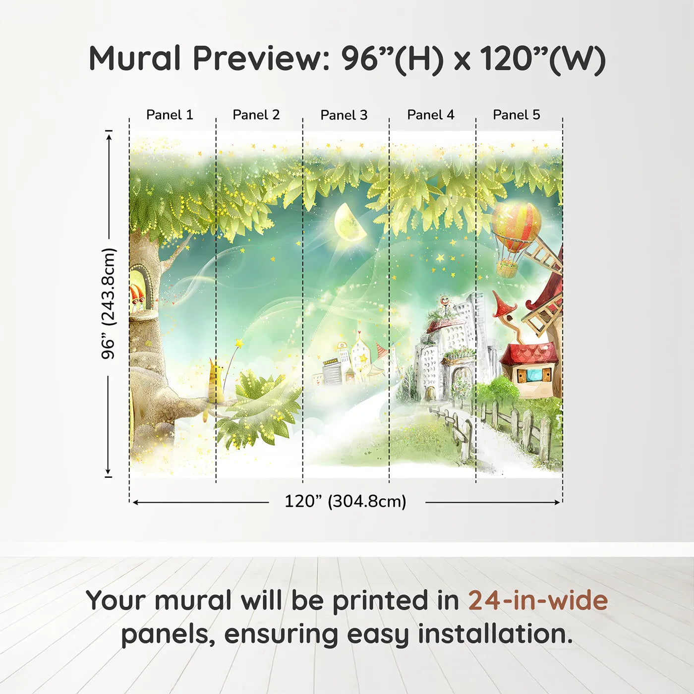 Whimsy Tots Magical Treehouse Village Wall Muraldimension view (96" H x 120" W). Printed in five 24-inch-wide panels. Gender-Neutral
