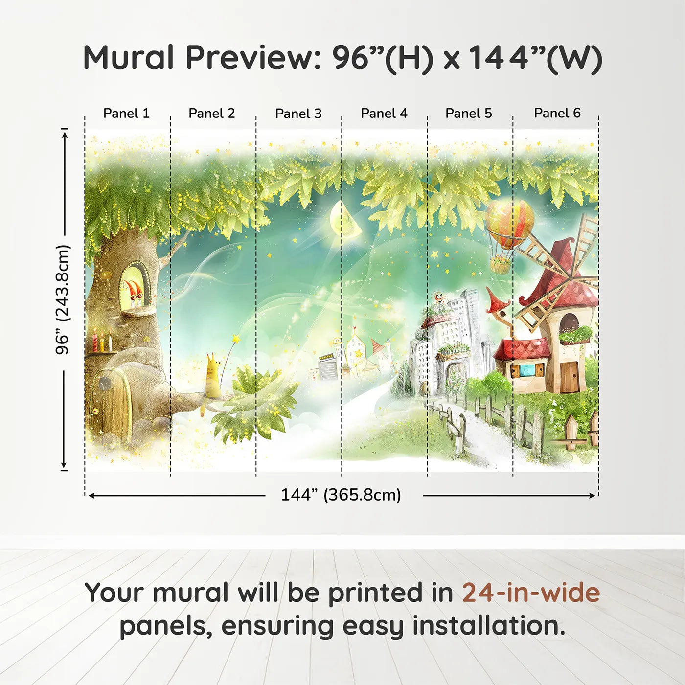 Whimsy Tots Magical Treehouse Village Wall Muraldimension view (96" H x 144" W). Printed in six 24-inch-wide panels. Gender-Neutral