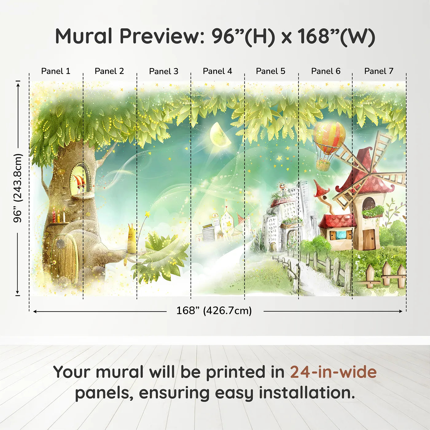 Whimsy Tots Magical Treehouse Village Wall Muraldimension view (96" H x 168" W). Printed in seven 24-inch-wide panels. Gender-Neutral