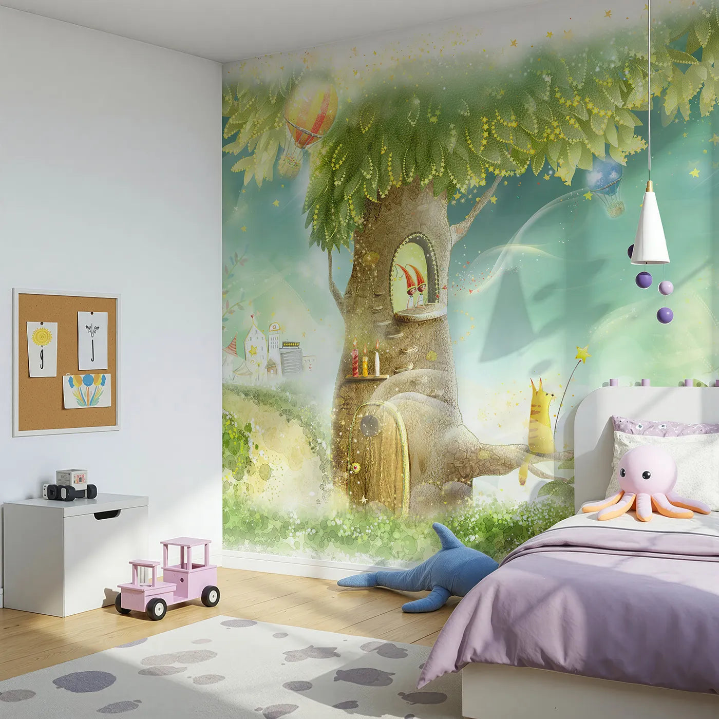 Angled view of Whimsy Tots' Magical Treehouse Home Wall Mural (Turn Their Room into a Sparkling, Enchanted World).Gender-Neutral