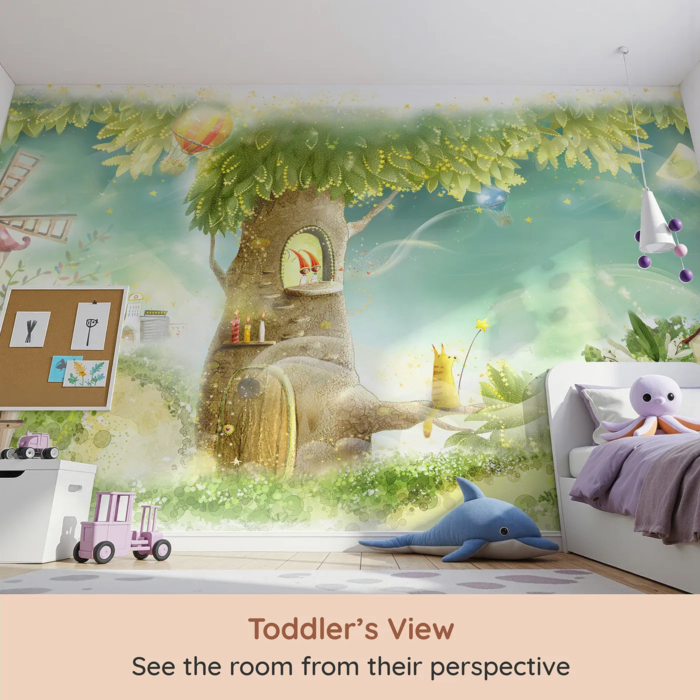 Whimsy Tots Magical Treehouse Home Wall Mural (Turn Their Room into a Sparkling, Enchanted World) from your child's view.Gender-Neutral