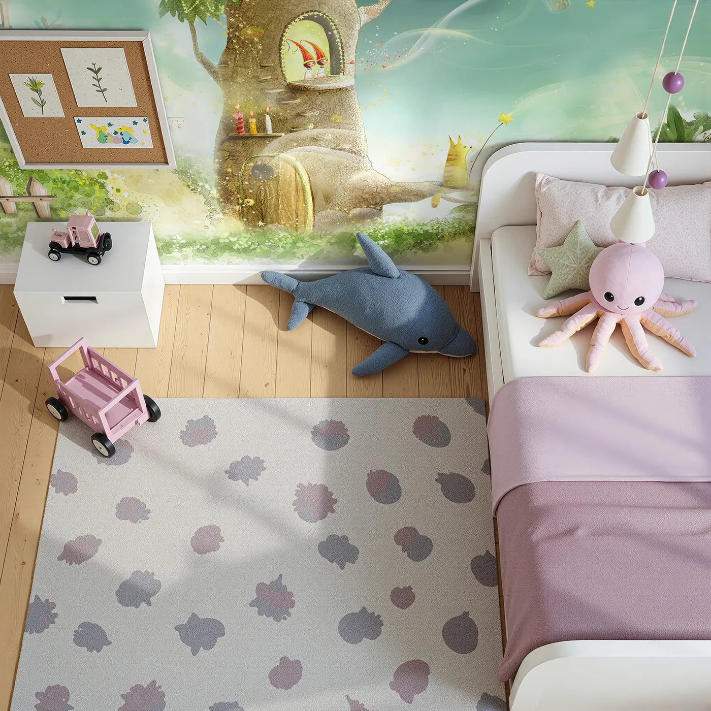 Top-down view of Whimsy Tots' Magical Treehouse Home Wall Mural (Turn Their Room into a Sparkling, Enchanted World).Gender-Neutral