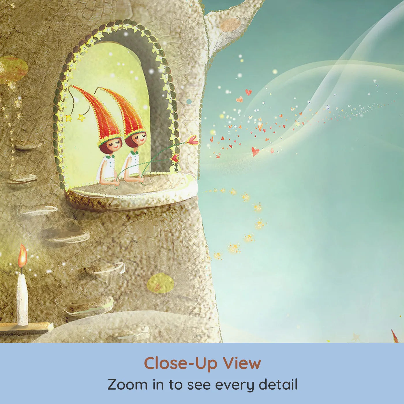 Close-up view of Whimsy Tots' Magical Treehouse Home Wall Mural (Turn Their Room into a Sparkling, Enchanted World).Gender-Neutral