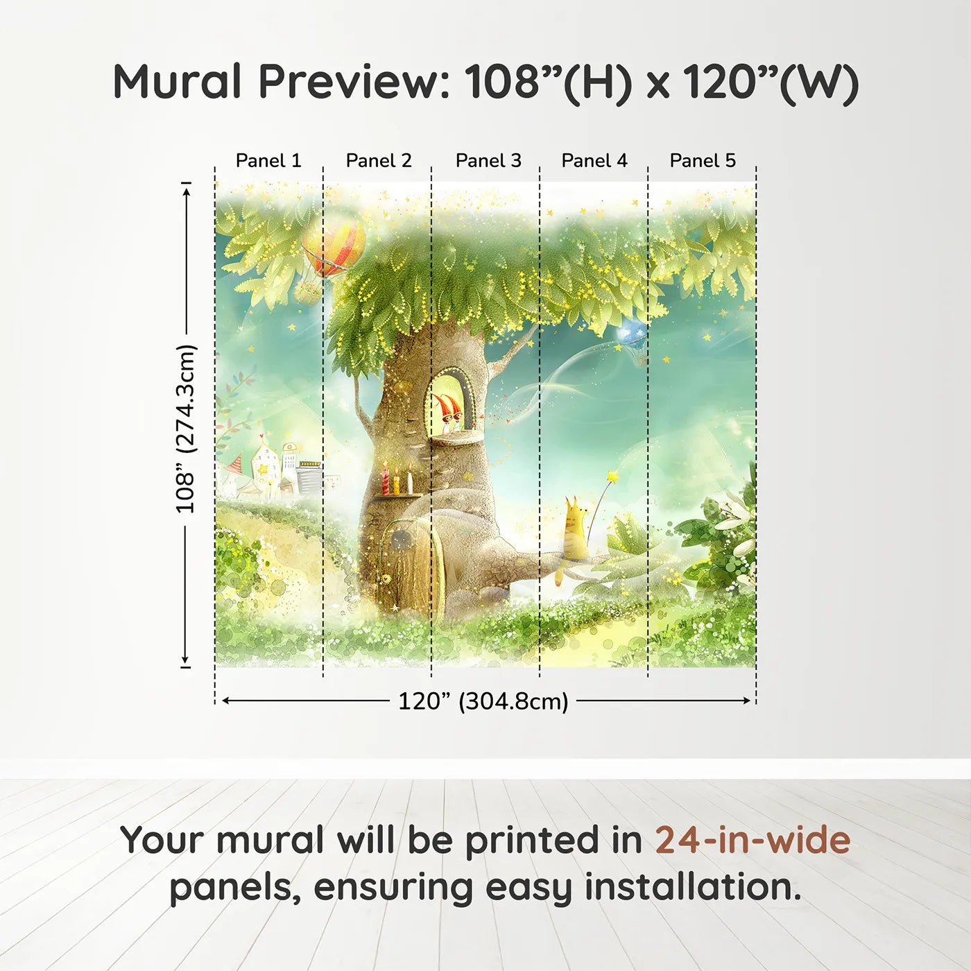 Whimsy Tots Magical Treehouse Home Wall Muraldimension view (108" H x 120" W). Printed in five 24-inch-wide panels. Gender-Neutral