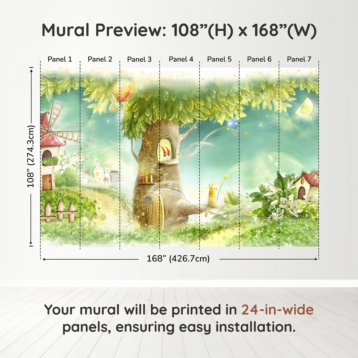 Whimsy Tots Magical Treehouse Home Wall Muraldimension view (108" H x 168" W). Printed in seven 24-inch-wide panels. Gender-Neutral