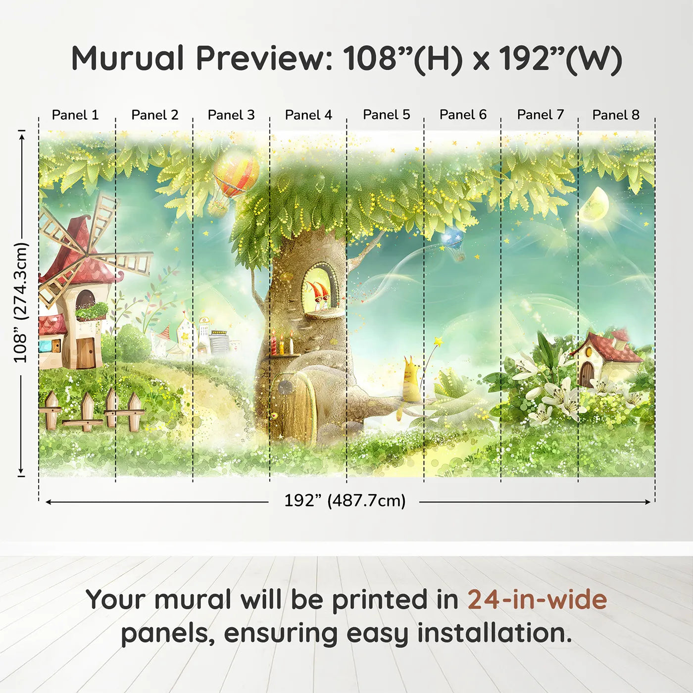 Whimsy Tots Magical Treehouse Home Wall Muraldimension view (108" H x 192" W). Printed in eight 24-inch-wide panels. Gender-Neutral