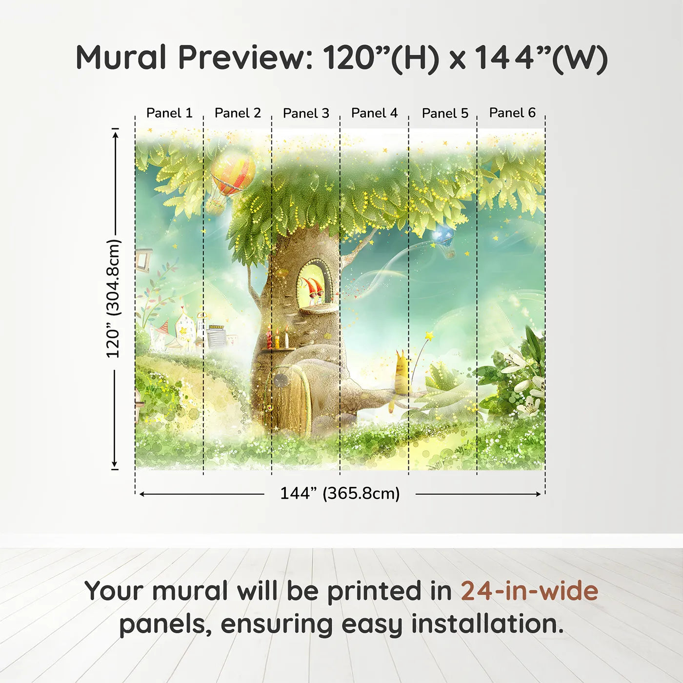Whimsy Tots Magical Treehouse Home Wall Muraldimension view (120" H x 144" W). Printed in six 24-inch-wide panels. Gender-Neutral