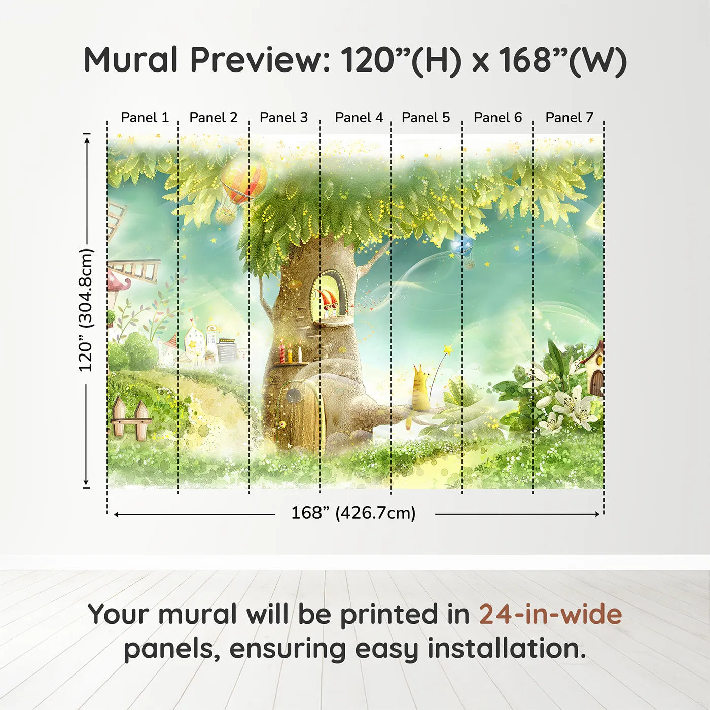 Whimsy Tots Magical Treehouse Home Wall Muraldimension view (120" H x 168" W). Printed in seven 24-inch-wide panels. Gender-Neutral