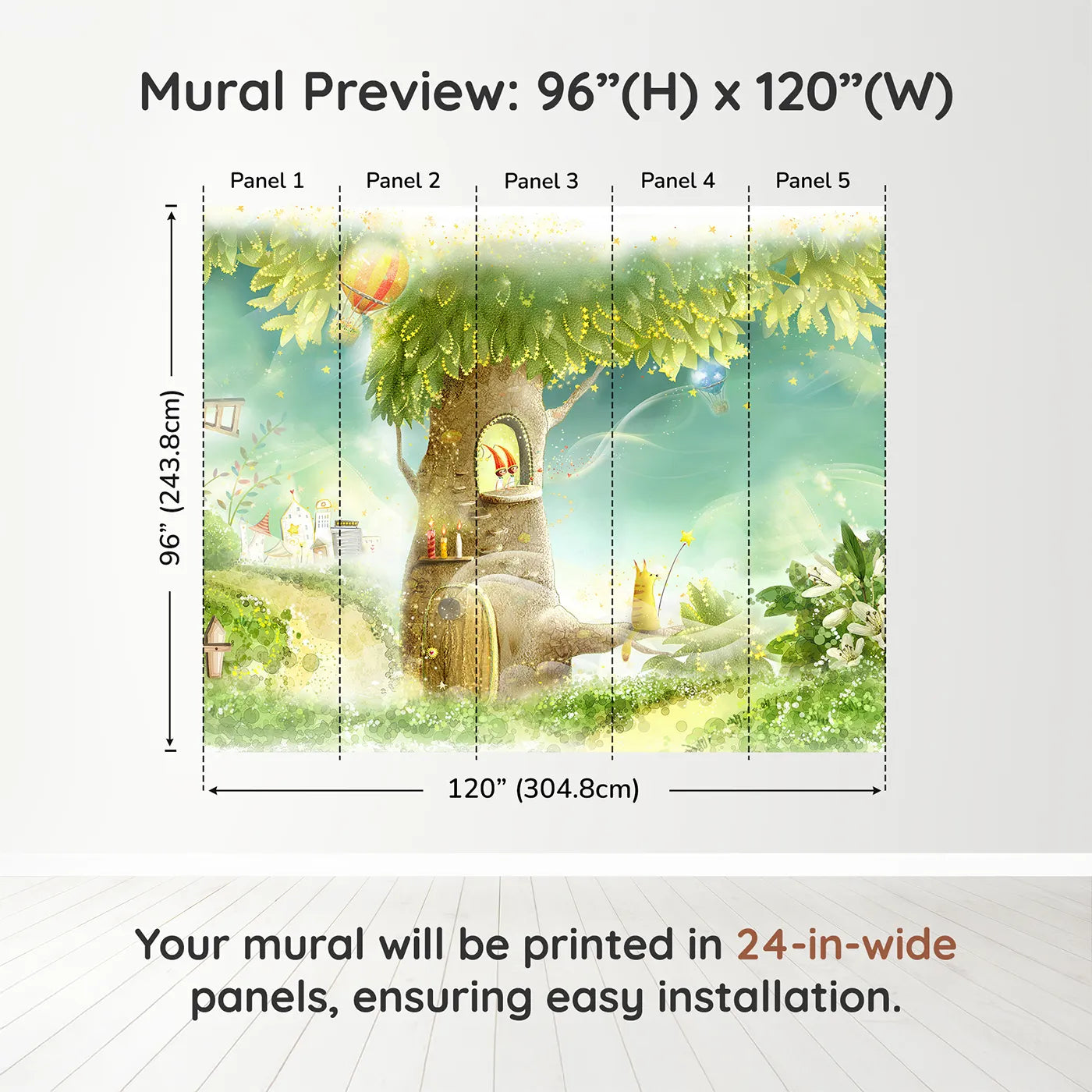 Whimsy Tots Magical Treehouse Home Wall Muraldimension view (96" H x 120" W). Printed in five 24-inch-wide panels. Gender-Neutral