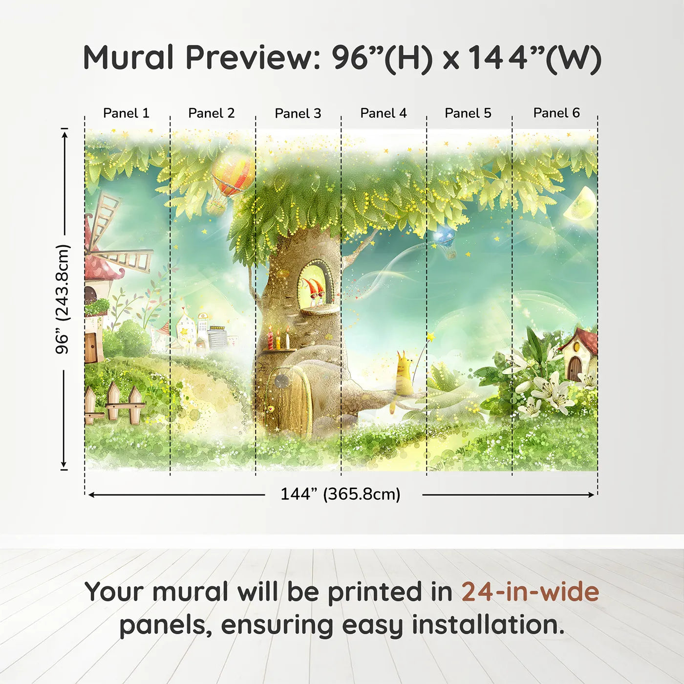 Whimsy Tots Magical Treehouse Home Wall Muraldimension view (96" H x 144" W). Printed in six 24-inch-wide panels. Gender-Neutral