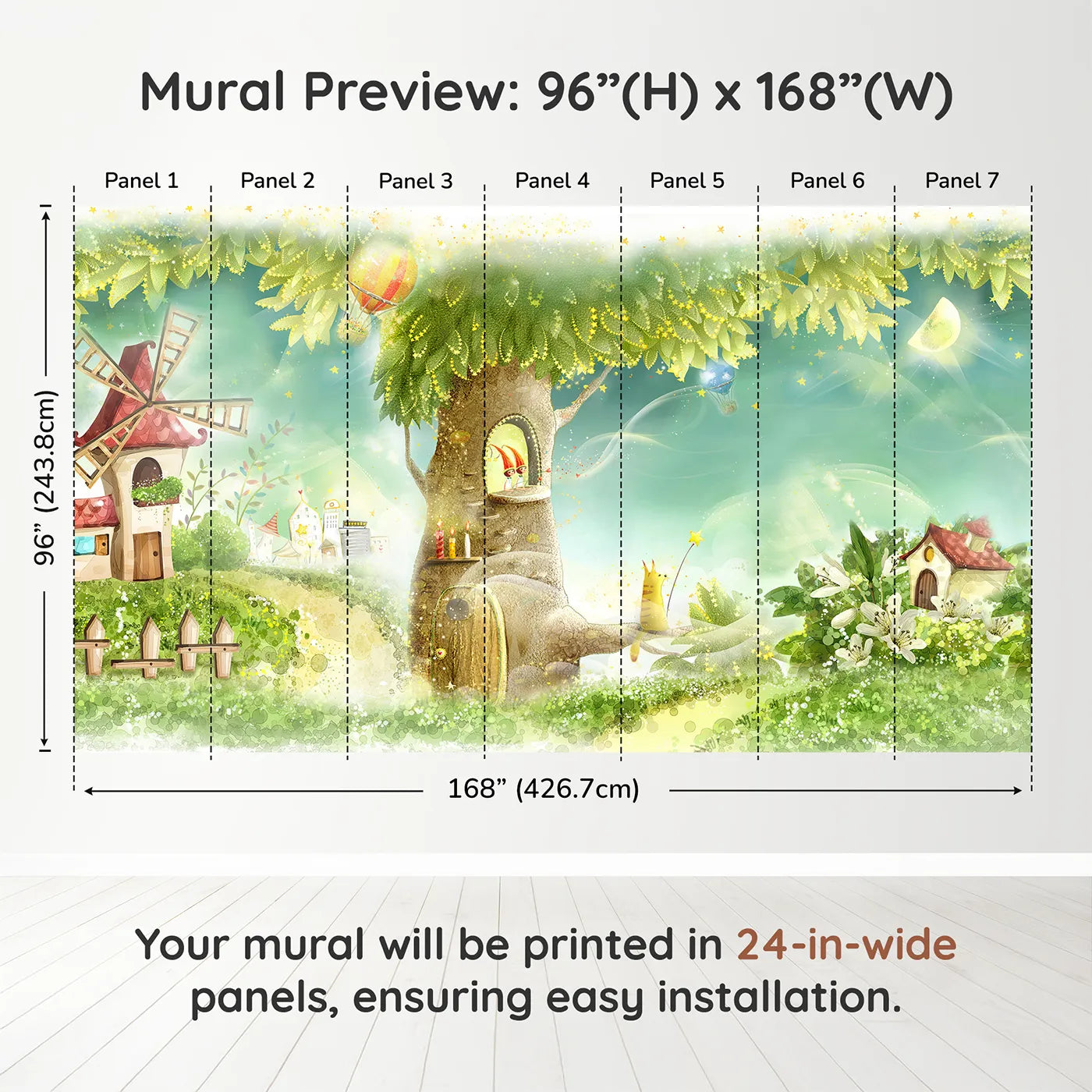 Whimsy Tots Magical Treehouse Home Wall Muraldimension view (96" H x 168" W). Printed in seven 24-inch-wide panels. Gender-Neutral