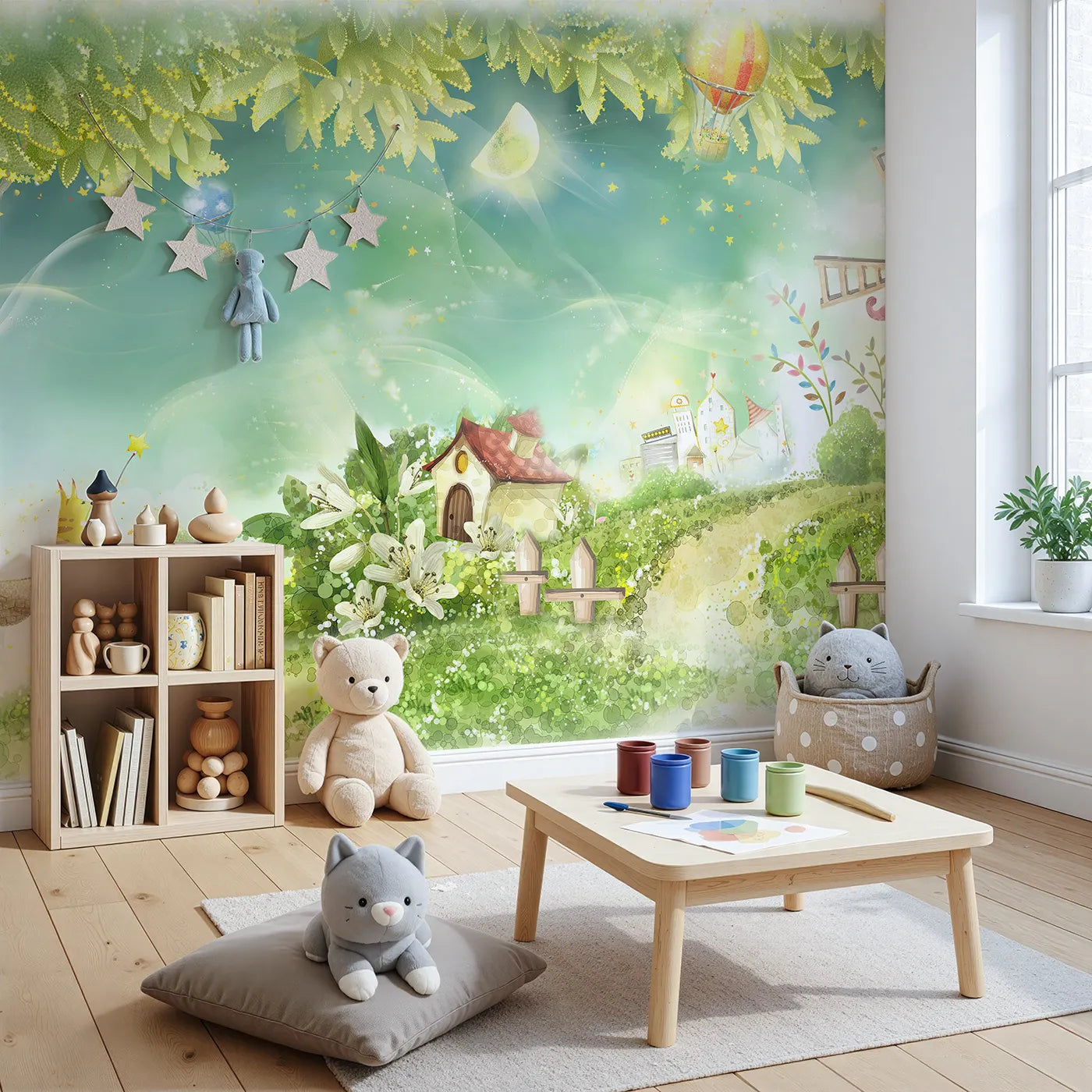 Angled view of Whimsy Tots' Magical Village Wall Mural (Turn Their Room into a Sparkling, Enchanted World).Gender-Neutral