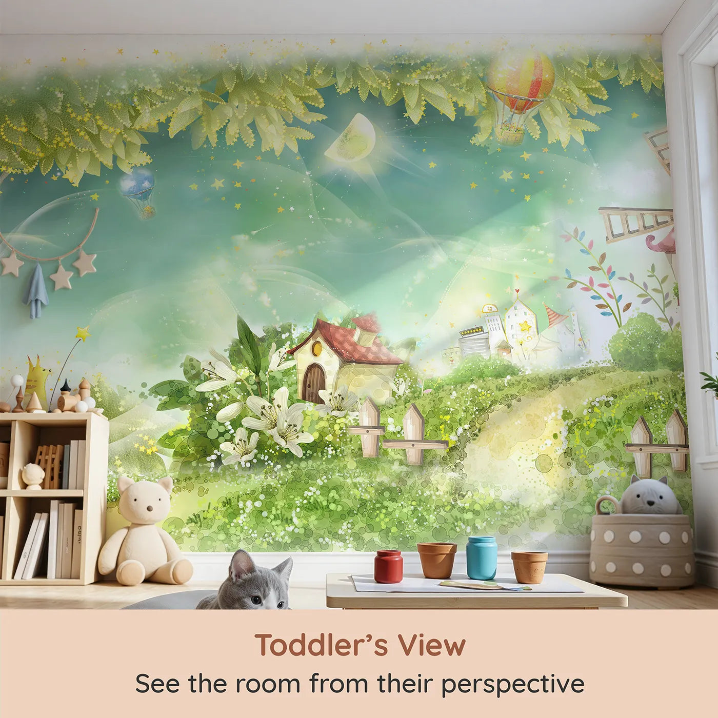 Whimsy Tots Magical Village Wall Mural (Turn Their Room into a Sparkling, Enchanted World) from your child's view.Gender-Neutral
